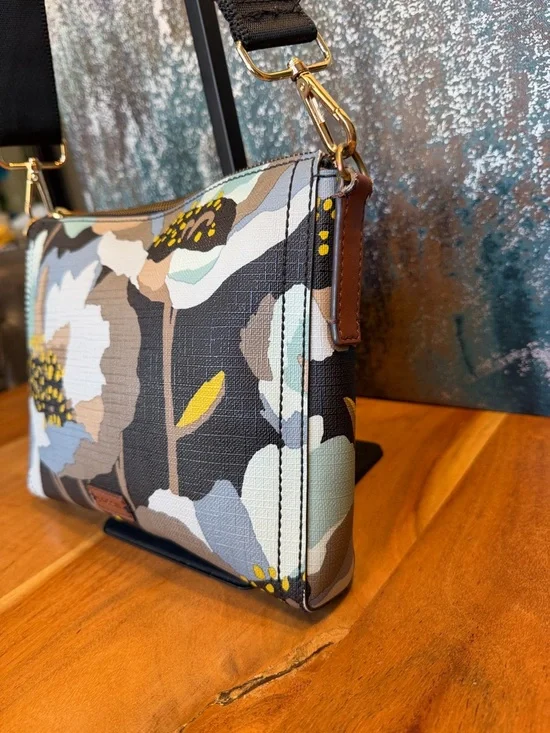 Fossil Boho Floral Coated Canvas Crossbody Bag Brown/Blue Gold (GUC) - Picture 5 of 17